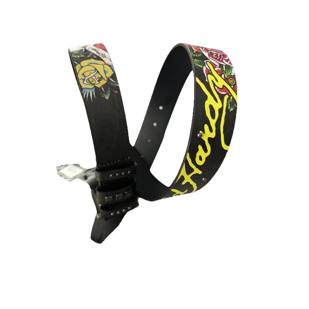 Ed Hardy Men's Skull Rose Print‎ Black Belt With Rivet Studs Size 38 New